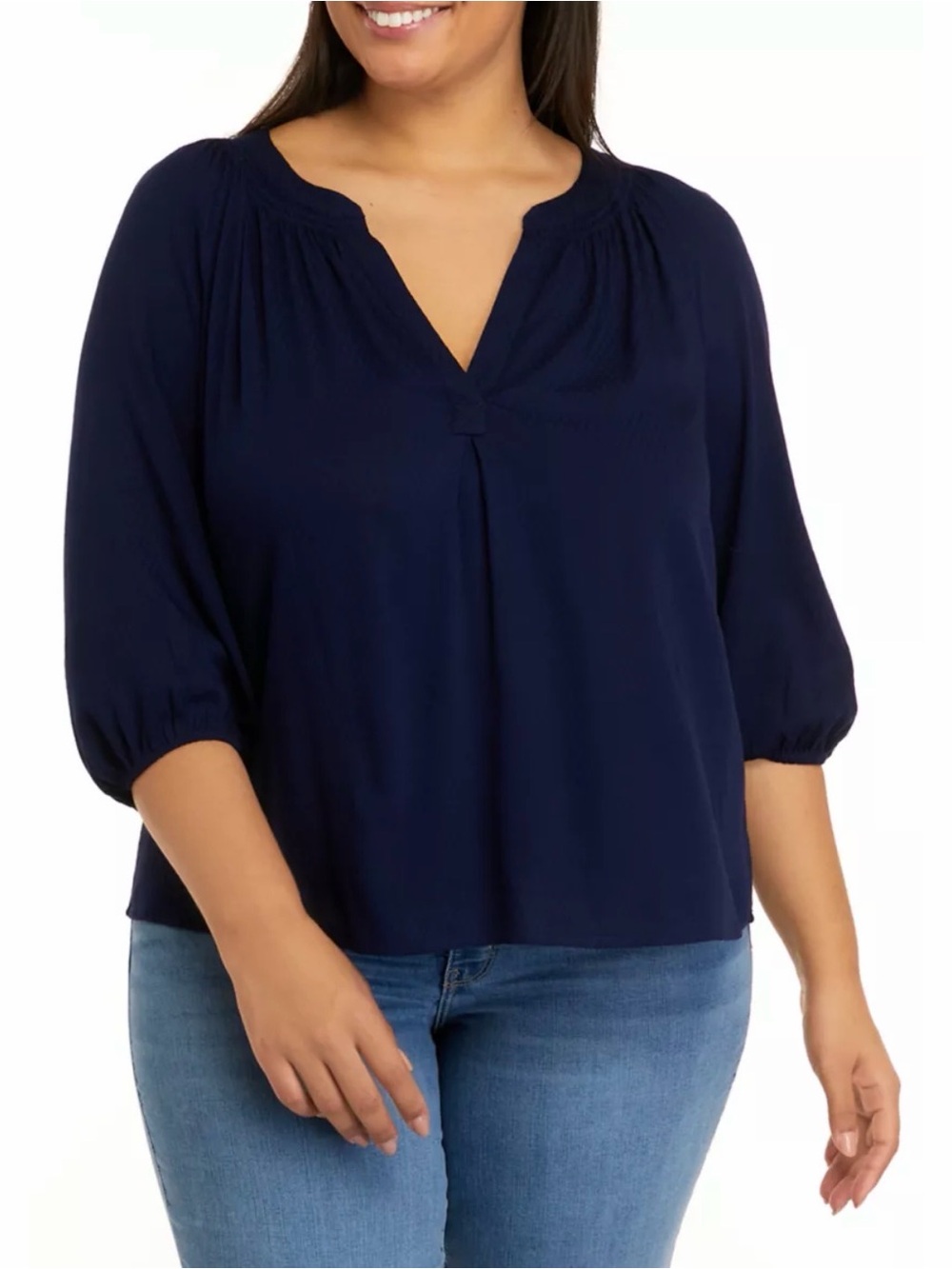 Crown & Ivy Navy Blue Split-Neck Peasant Blouse 1X Boho 3/4 Sleeve